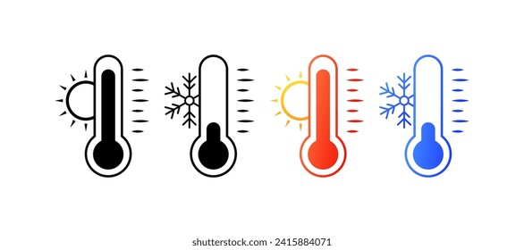 Thermometer icons. Different styles, thermometer with sun and snowflake, cold and heat on thermometer icons. Vector icons