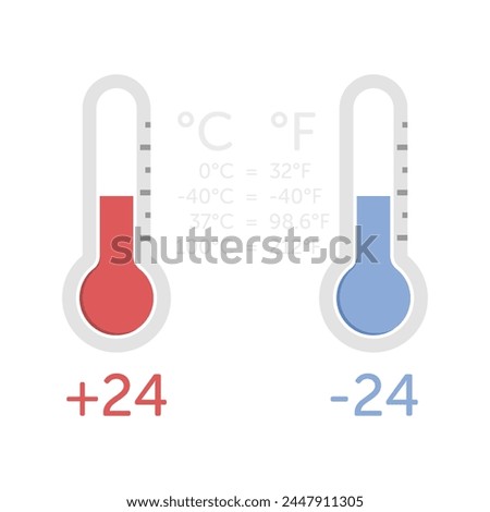 Thermometer Icons for Hot and Cold Water. Low and High Temperature on the Measuring Scale. Celsius and Fahrenheit