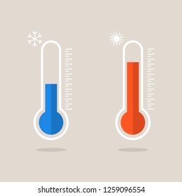 Thermometer icons measuring heat and cold. Thermometers showing hot and cold weather. Eps10