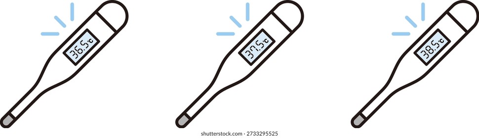 Ícones de termômetro. 36,5 ℃, 37,5 ℃, 38 ℃. Temperatura normal, febre baixa, febre alta.