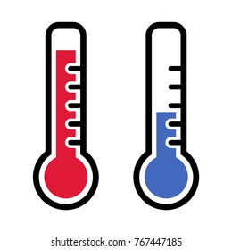 Thermometer icons in red and blue colors for hot and cold weather. Vector illustration