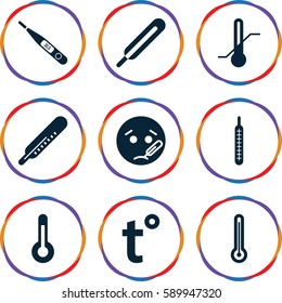 thermometer icons set. Set of 9 thermometer filled icons such as thermometer, sick emot, themometer