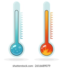  Thermometer icons set: hot and cold. Blue and red gradient temperature symbols, fire and ice elements, medical and weather theme, isolated on white, flat modern design