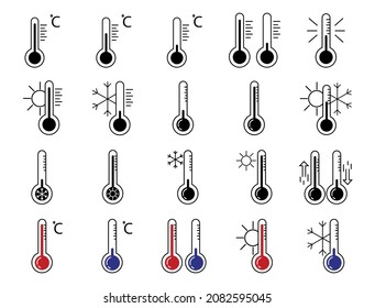 Thermometer icons vector illustration isolated minimal flat linear icon for application and info-graphic.Different types of thermometer, colored, blue and red, black and white with sun and snowflake. 