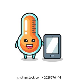 thermometer illustration cartoon holding a smartphone