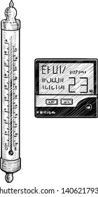 Thermometer illustration, drawing, engraving, ink, line art, vector