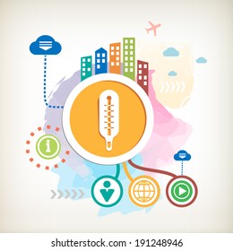 Thermometer indicates and city on abstract colorful watercolor background with different icon and elements. Design for the print, advertising.