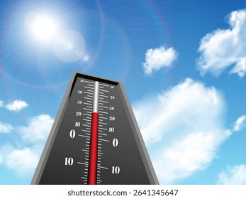 Thermometer indicates high temperature on the blue sky, three-dimensional rendering vector design