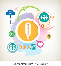Thermometer indicates and people on abstract colorful watercolor background with different icon and elements. Flat design for the web, print, banner, advertising.