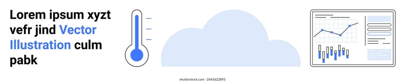 Thermometer indicating temperature, a cloud, and a data visualization chart with line and bar graphs. Ideal for weather monitoring, temperature, climate, data analysis, forecasting, statistics