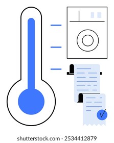 Termômetro indicando a temperatura ao lado de um aparelho elétrico e um recibo sendo impresso. Ideal para eficiência no consumo de energia, gerenciamento de aparelhos, monitoramento de temperatura, tarifação de serviços públicos, uso doméstico