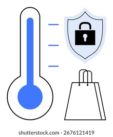 Termómetro que indica la temperatura, escudo con cerradura para la seguridad, y bolsa de la compra. Ideal para exhibir compras seguras, seguridad de la salud y gestión minorista. Metáfora de línea