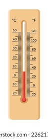 Instrumento termómetro para medir e indicar la temperatura. Dispositivo retro aislado con cinta que se muestra en celsius y Fahrenheit.Herramienta para control y medición del clima. Vector de estilo plano