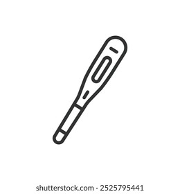 Thermometer, in line design. Temperature, fever, medical device, health monitoring, clinical thermometer, digital thermometer on white background vector. Thermometer editable stroke icon