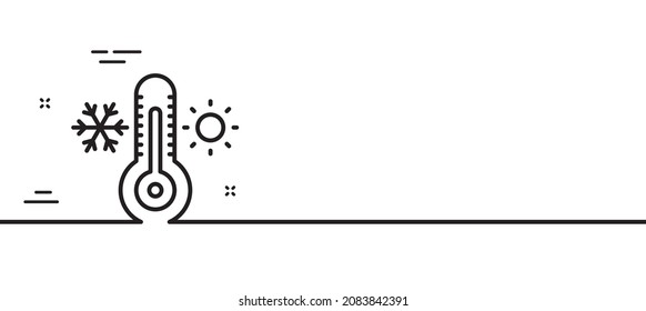 Thermometer line icon. Cold and warm thermostat sign. Winter, summer symbol. Snowflake and sun. Minimal line illustration background. Thermometer line icon pattern banner. Vector