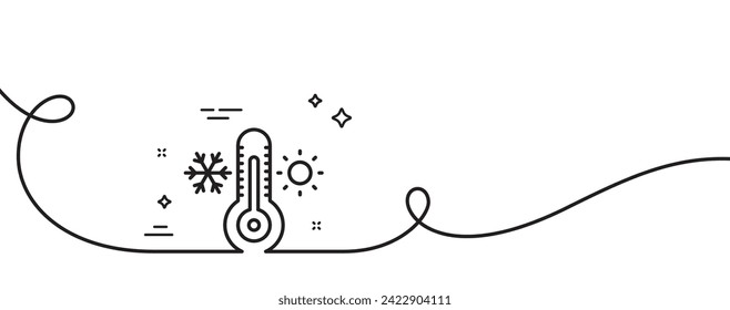 Thermometer line icon. Continuous one line with curl. Cold and warm thermostat sign. Winter, summer symbol. Snowflake and sun. Thermometer single outline ribbon. Loop curve pattern. Vector