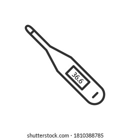 Icono de línea del termómetro. Enfermedad, gripe, aire contaminado, contaminación del mundo, concepto de pandemia. Ilustración vectorial de dispositivo médico aislada en un estilo plano.