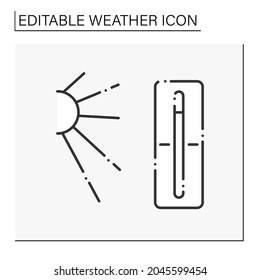 Thermometer Line Icon. Hot Weather Outside. Nice Sunny Day. High Temperature. Swelter . Heat. Summer Day.Weather Concept. Isolated Vector Illustration. Editable Stroke