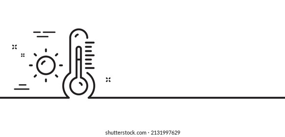 Icono de línea del termómetro. Signo de temperatura del tiempo. Símbolo medidor de la fiebre. Fondo mínimo de la ilustración de línea. Banner de patrón de icono de la línea del termómetro meteorológico. Concepto de plantilla web blanca. Vector