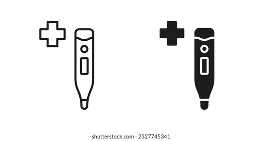 Thermometer Line and Silhouette Black Icon Set. Medical Tool for Temperature Control Pictogram. Celsius, Electronic Thermometer Symbol Collection. Health Care Instrument. Isolated Vector Illustration.