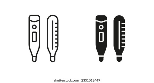 Thermometer Line and Silhouette Black Icon Set. Medical Tool for Temperature Control Pictogram. Electronic and Mercury Thermometer Symbol Collection. Isolated Vector Illustration.