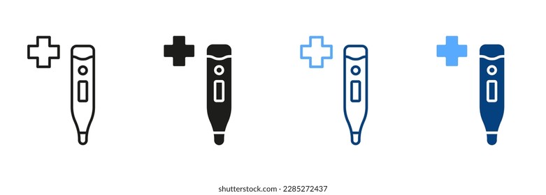 Thermometer Line and Silhouette Icon Set. Celsius, Electronic Thermometer Black and Color Symbol Collection. Medical Tool for Temperature Control Pictogram. Isolated Vector Illustration.