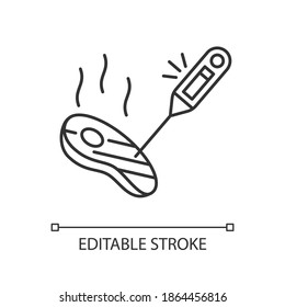 Thermometer linear icon. Kitchen tool to measure meat temperature. Gauge for heat. Thin line customizable illustration. Contour symbol. Vector isolated outline drawing. Editable stroke