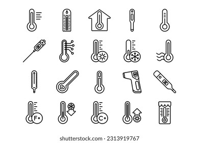 Thermometer Linien Symbol gesetzt. Thermometer-Genres und Attribute. Lineares Design. Linien mit bearbeitbarem Schlaganfall. Isolierte Vektorsymbole.