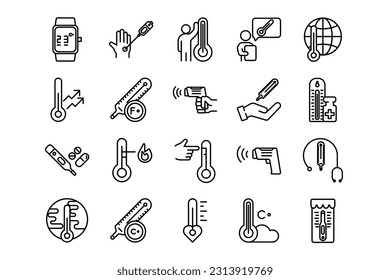 Thermometer lines icon set. Thermometer genres and attributes. Linear design. Lines with editable stroke. Isolated vector icons.