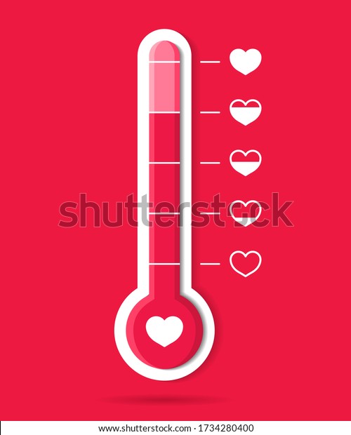 Thermometer of love and heart. Meter of\
temperature icon. Happy goal in romance. Hot weather. Barometer\
with scale for health body. Gauge with level good emotion in\
Valentine day. Hot customer.\
Vector