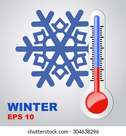 Thermometer with low temperature and snowflakes on a gray background. Vector image.