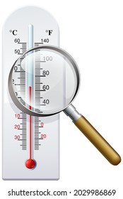 Thermometer with a magnifying glass indicating the study of temperatures and global warming