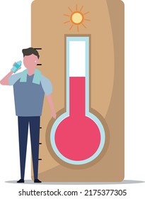 Thermometer and man. Risk of heatstroke in the hot summer