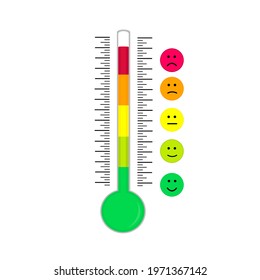 Thermometer, measurement of mood, indicator, increase in the level of emotions. Cute cartoon icons. Indicators of warmth and cold. Happiness, smiles, anger. Isolated, flat image. Vector illustration.

