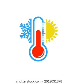 Thermometer for measuring air temperature. Sun and snowflake as a symbol of cold and warmth. Vector illustration, flat minimal color cartoon design isolated on white background, eps 10.