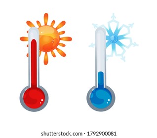 Thermometer for measuring air temperature. Vector image on a white background. Illustration of sun and snowflakes. Icons. Drawings in color.