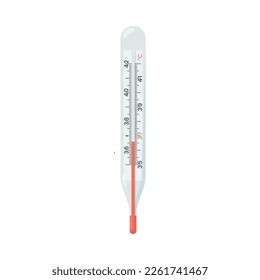 Thermometer for measuring body temperature, Celsius scale flat style, vector illustration isolated on white background. Numbers, health, red indicator, glass medical instrument