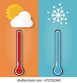 Thermometer measuring heat and cold, with sun and snowflake icons. paper art style.