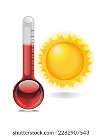 Termómetro que mide el calor con el sol aislado sobre un fondo blanco. Ilustración del vector de icono colorido 