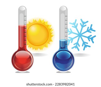 Thermometer measuring heat with sun isolated on a white background. Colourful Icon vector illustration 