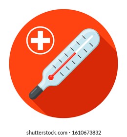 thermometer for measuring temperature to a person. icon on the red circle. flat vector illustration