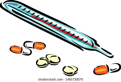 Thermometer for measuring temperature and pills.