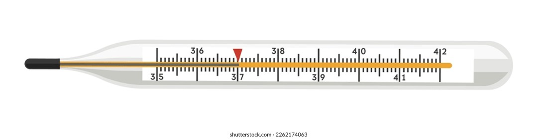 Thermometer for monitoring and measuring body temperature. Isolated device for healthcare and treatment, object with glass tube and line, medicine, and personal usage. A vector in flat style