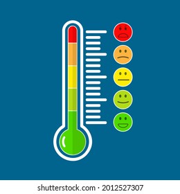 Termómetro y humor en un fondo azul. Símbolo de temperatura del emoji frío y calor. ilustración vectorial en diseño plano