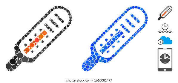 Thermometer mosaic of round dots in different sizes and shades, based on thermometer icon. Vector round dots are united into blue mosaic. Dotted thermometer icon in usual and blue versions.