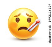 Thermometer in mouth emoji. Sick emoticon with high fever, cold or flu 3D stylized vector icon