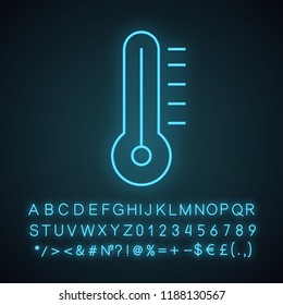 Thermometer neon light icon. Air temperature measurement. Glowing sign with alphabet, numbers and symbols. Vector isolated illustration