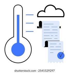 Un termómetro junto a una impresión de Comprobante conectada a la nube. Ideal para el seguimiento de Climas, transformación digital, computación en la nube, monitoreo de temperatura y temas de registro de datos. Sencillo, moderno