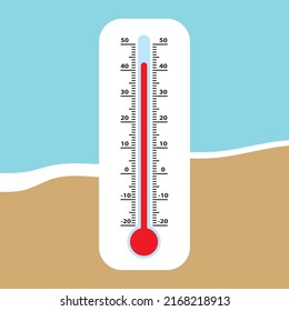 Thermometer On The Beach. Extreme Temperature. Heat Wave. Vector Illustration.