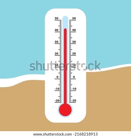 Thermometer on the beach. Extreme temperature. Heat wave. Vector illustration.